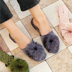 Birdies The Songbird Pom Pom Quilted Mules in Blue Steel Velvet Size 6
